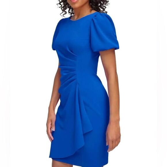DKNY Ruched Bubble Sleeve Mini Sheath Boatneck Dress Size 4P Cobalt Blue NEW - Picture 14 of 16